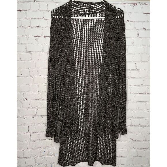 Eileen Fisher Cardigan Women Medium Cotton Linen Brown Metallic Open Knit Hi/Low - Picture 4 of 10